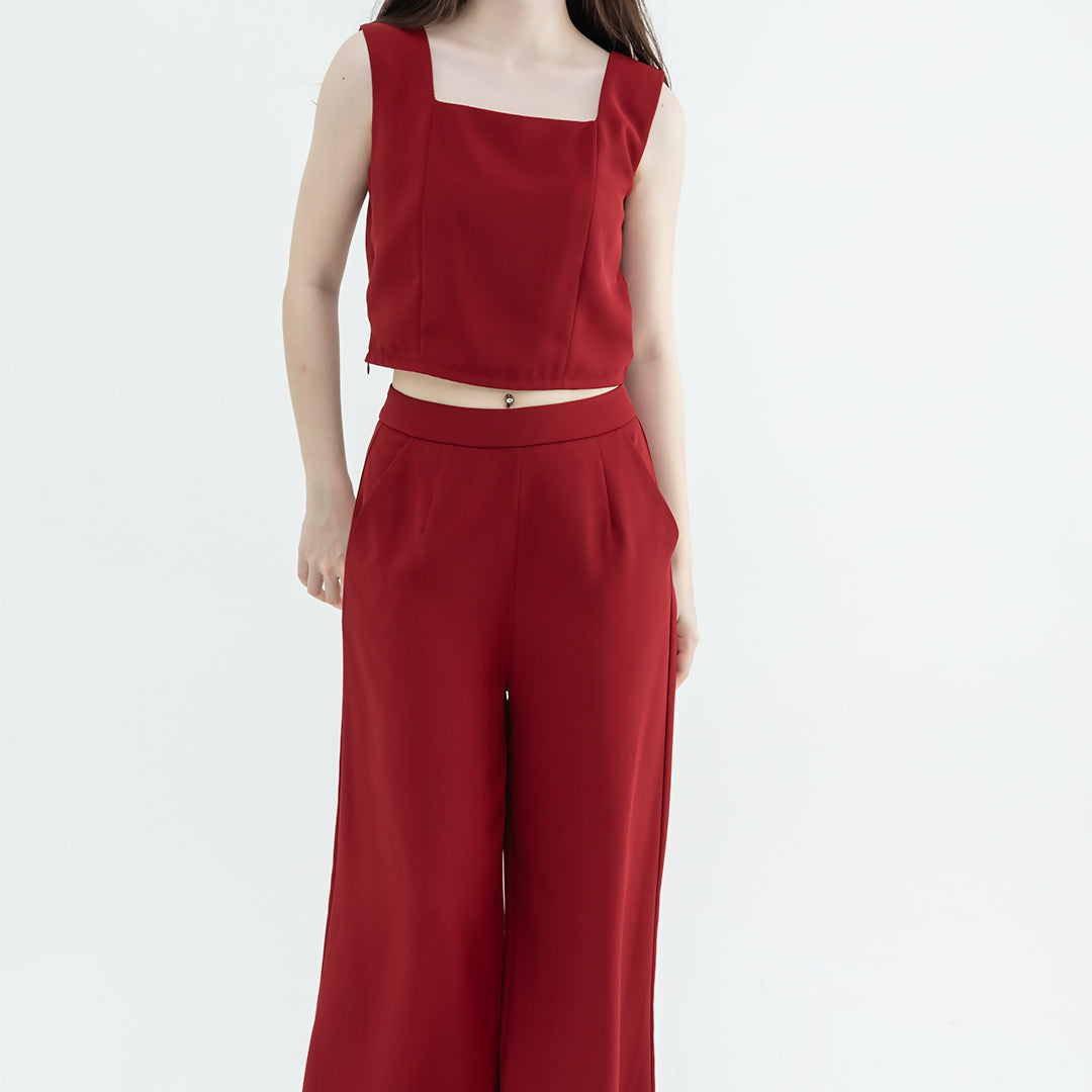 Co-Ord Set Maroon Crop Top and Wide Leg Pants – Madhurima Bhattacharjee