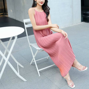 Halter Pleated Sleeveless Maxi Dress_pink_4