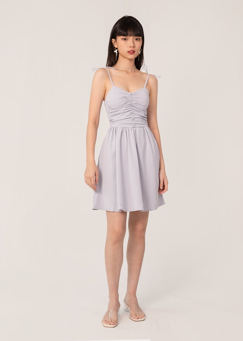 GIA Ruched Mini Tie String Dress In Soft Lilac