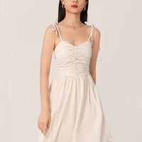 GIA Ruched Mini Tie String Dress In Cream