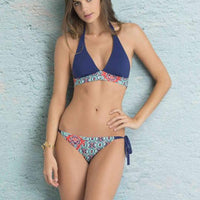 Reversible Navy Mosaic Halter Bikini Top with Classic String Bikini Bottom
