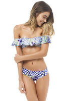 Multi-way Style Floral Ruffle Bandeau Top with Reversible Seamless High Waist Bikini Bottom Set
