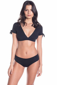 Classic Black Short Sleeves Front Tie Bikini Top with Seamless Full Coverage Bikini Bottom