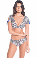 Stripe Short Sleeves Front Tie Bikini Top with Mid Rise Bikini Bottom
