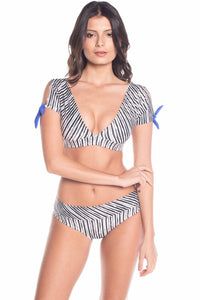 Stripe Short Sleeves Front Tie Bikini Top with Mid Rise Bikini Bottom