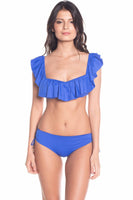 Ruffles Bandeau Top with Minimalist Blue Mid Rise Bikini Bottom
