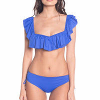 Ruffles Bandeau Top with Minimalist Blue Mid Rise Bikini Bottom