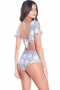 Abstract Print Short Sleeves Front Tie Bikini Top with Reversible Neutral High Waist Bikini Bottom