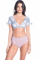 Abstract Print Short Sleeves Front Tie Bikini Top with Reversible Neutral High Waist Bikini Bottom
