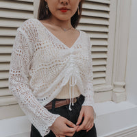 Odette Crochet Knit Ruched Sleeve Top [WHITE]