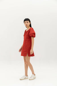 Elasticated neckline and puff sleeve dress - Crimson