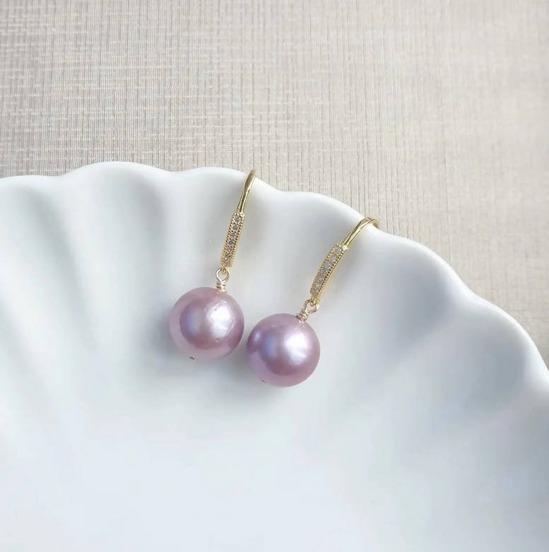 Sleek CZ ear hooks with Lavender Edison pearls