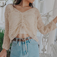 Odette Crochet Knit Ruched Sleeve Top [OATMEAL]