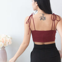 Brandy Satin Knot Front Top in Wine Red #MadeByKEI