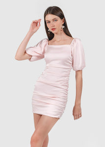 Rumi Bubble Sleeve Ruched Dress In Rose Pink #6stylexclusive