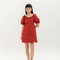 Elasticated neckline and puff sleeve dress - Crimson