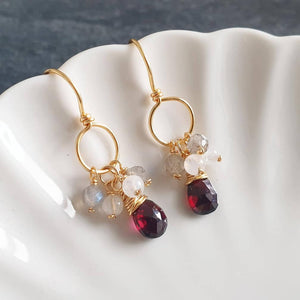 Red Garnet briolette drop earrings with labradorite and moonstone cluster / 14K Gold filled