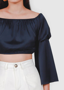 Jermia Layer Bell Sleeves Satin Top In Navy #6stylexclusive