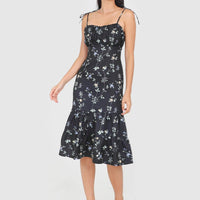 Jovia Floral Midi Tie String Dress In Black