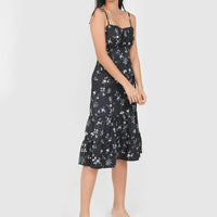 Jovia Floral Midi Tie String Dress In Black