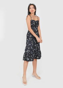 Jovia Floral Midi Tie String Dress In Black