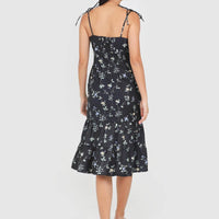 Jovia Floral Midi Tie String Dress In Black