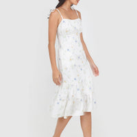 Jovia Floral Midi Tie String Dress In White #6stylexclusive