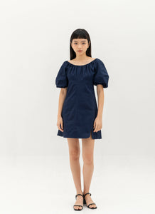 Elasticated neckline and puff sleeve dress - Navy