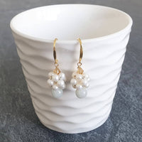 Dainty Burmese Jadeite and handweaved white freshwater pearls dangle drop
