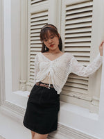 Odette Crochet Knit Ruched Sleeve Top [WHITE]
