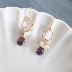 Red Garnet briolette drop earrings with labradorite and moonstone cluster / 14K Gold filled