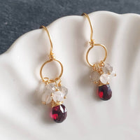 Red Garnet briolette drop earrings with labradorite and moonstone cluster / 14K Gold filled
