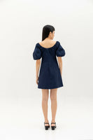 Elasticated neckline and puff sleeve dress - Navy
