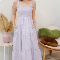 GINGHAM RUCHED STRAPS MAXI DRESS (LILAC)