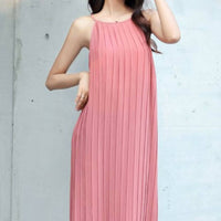Halter Pleated Sleeveless Maxi Dress_pink_3