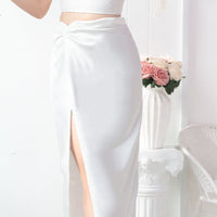 Utopia Satin Twist Front Midi Skirt in White #MadeByKEI