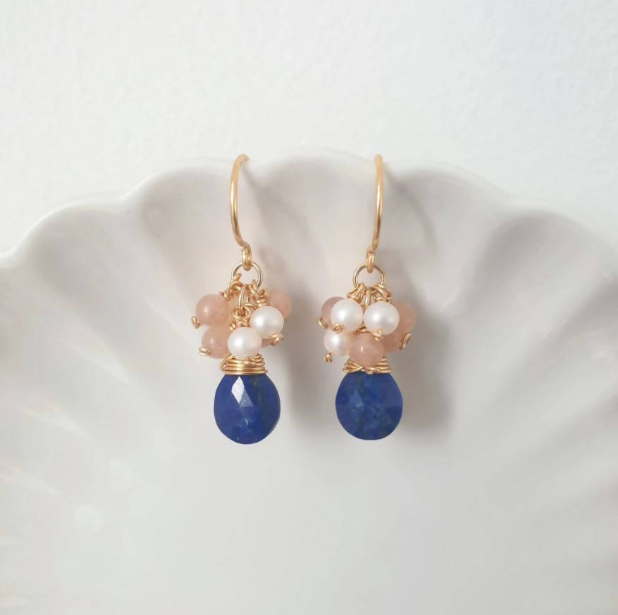 Lapis Lazuli Briolette drop with Peach Moonstone and Freshwater pearls clusters // 14K Gold filled