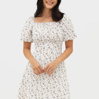 RIGEL FLORAL RUCHED DRESS (WHITE)
