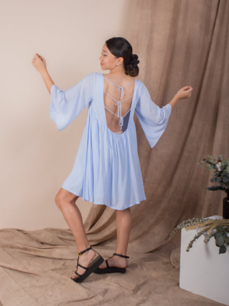 women rayon sexy back bell sleeve mini dress light blue | whispers & anarchy