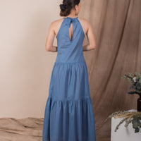 women cotton halter neck maxi dress, mid blue | whispers & anarchy