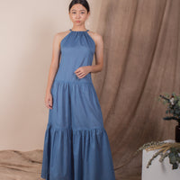 women cotton halter neck maxi dress, mid blue | whispers & anarchy