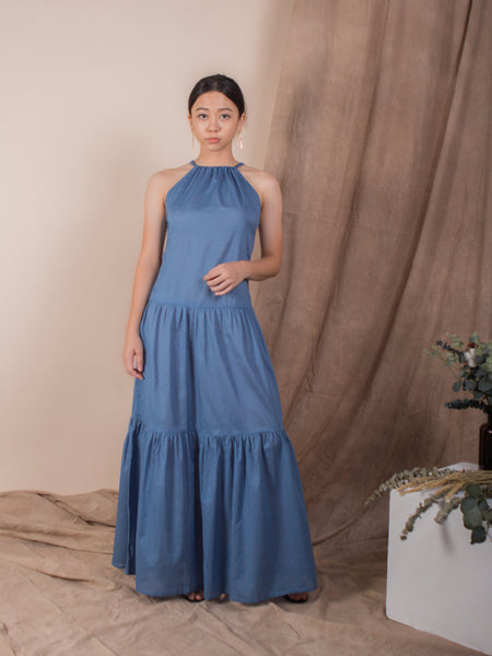 women cotton halter neck maxi dress, mid blue | whispers & anarchy