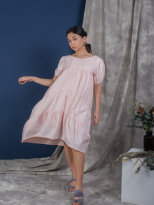 women cotton puffed sleeve tiered volume dress pink | whispers & anarchy