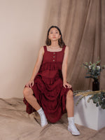 women rayon ruffles midi volume dress, blood red | whispers & anarchy
