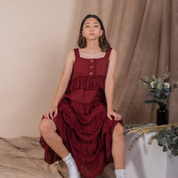 women rayon ruffles midi volume dress, blood red | whispers & anarchy