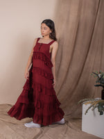 women rayon ruffles midi volume dress, blood red | whispers & anarchy
