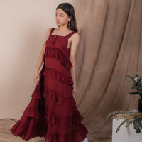 women rayon ruffles midi volume dress, blood red | whispers & anarchy