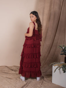 women rayon ruffles midi volume dress, blood red | whispers & anarchy