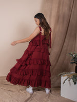 women rayon ruffles midi volume dress, blood red | whispers & anarchy
