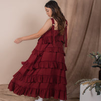 women rayon ruffles midi volume dress, blood red | whispers & anarchy